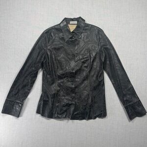 Marisa Minicucci Leather Button Front Perforated Black Jacket Italy Size 10